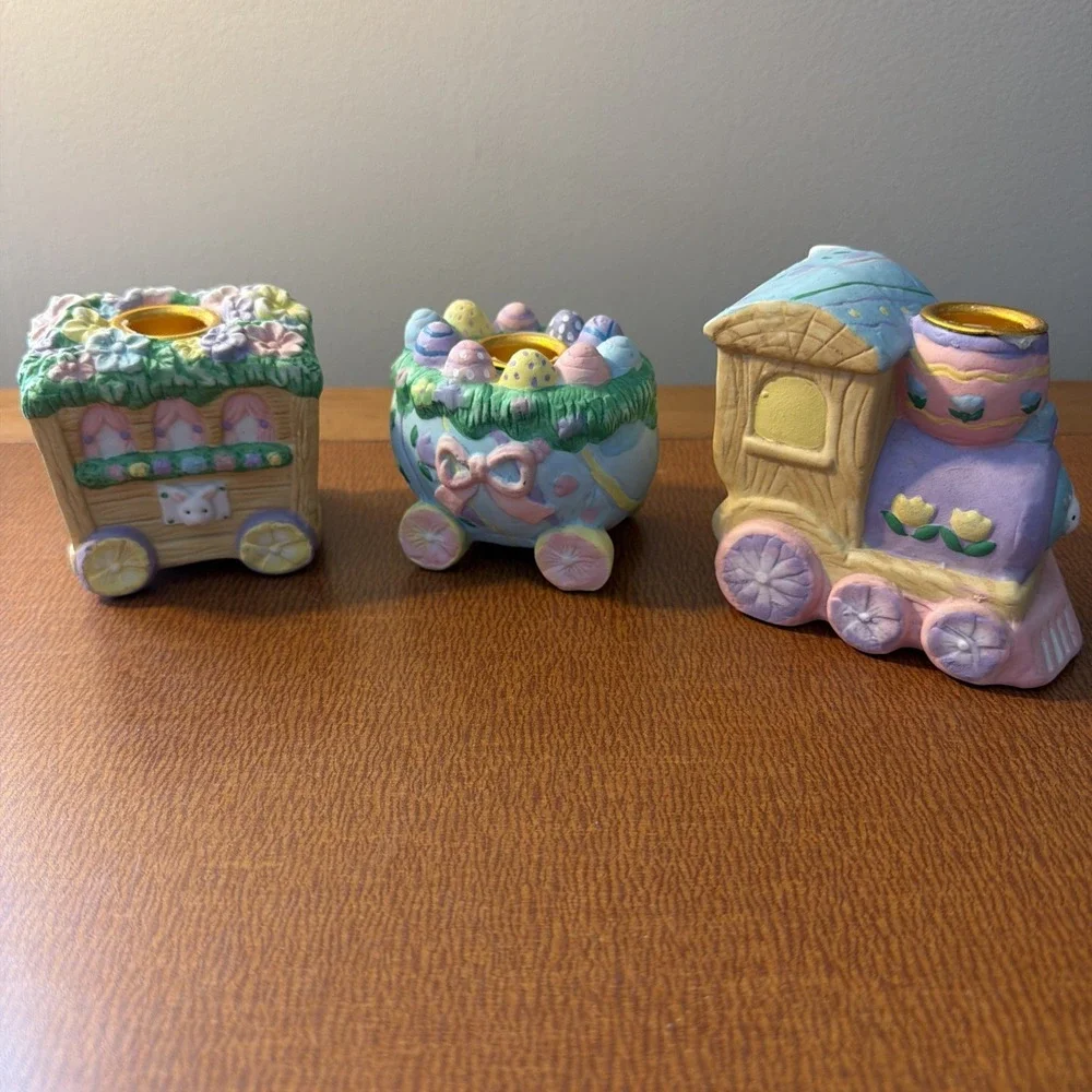 Vtg Easter Rabbit & Co‎ Ceramic 3 Piece Train Set Candle Holders